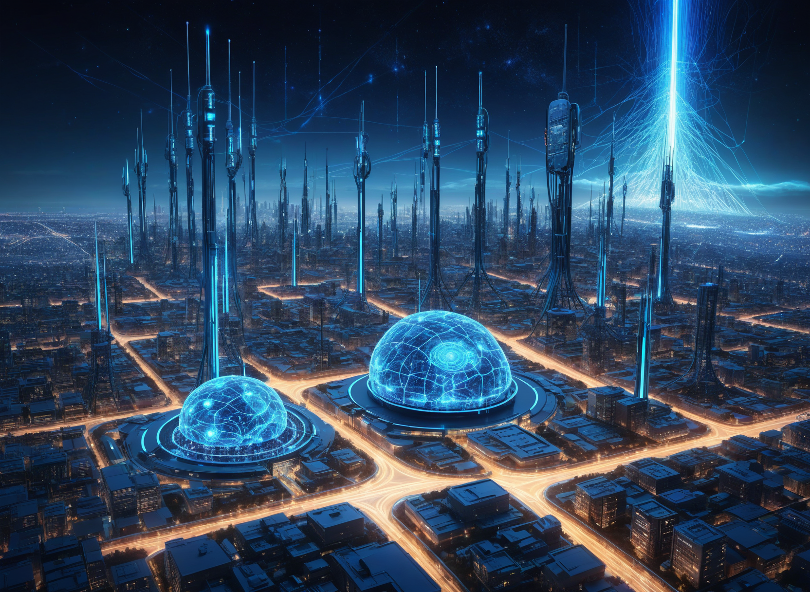 AI RAN concept art: cellular towers, satellites and computers connected by data streams to a central brain computer