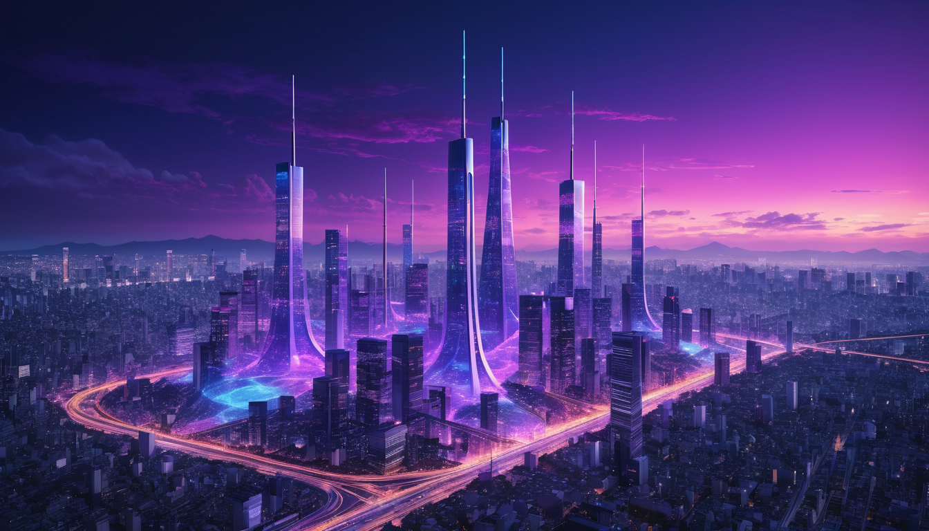 Abstract concept art of a mobile network antenna over a Tokyo skyline