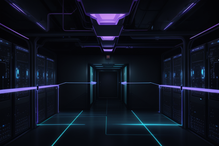 Data streams passing through a glowing inspection gateway in a dark data center corridor