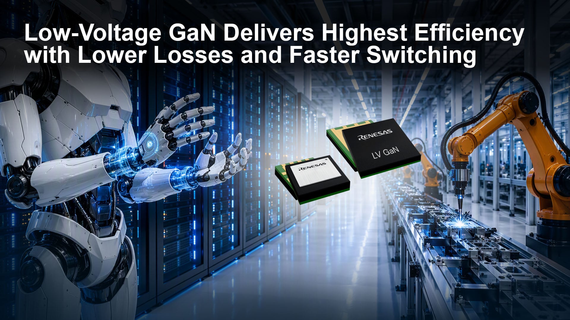 Renesas low-voltage GaN banner with rendered 100V E-mode packages over data center and robotics scenes