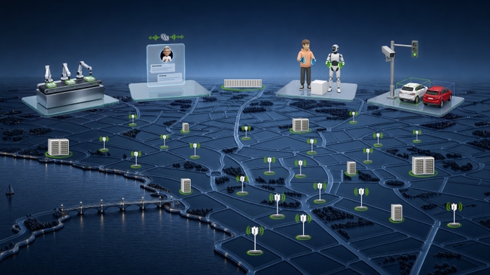 Concept art of NVIDIA-powered telecom networks: cell sites and edge data centers with AI workloads