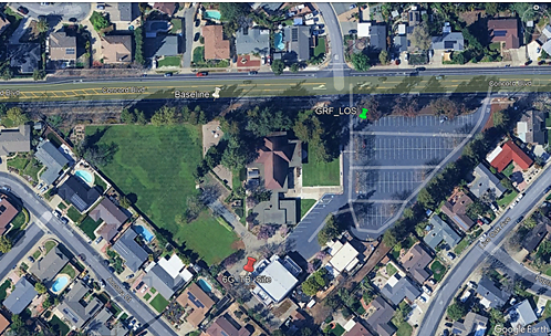 Aerial view of the Concord, California field-test area showing the base-station site (red pin) and the test house location (green pin)